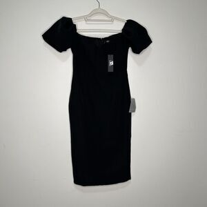 Lulus Dress Women’s Small Lucky Number Black Puff Sleeve Bodycon Midi Formal